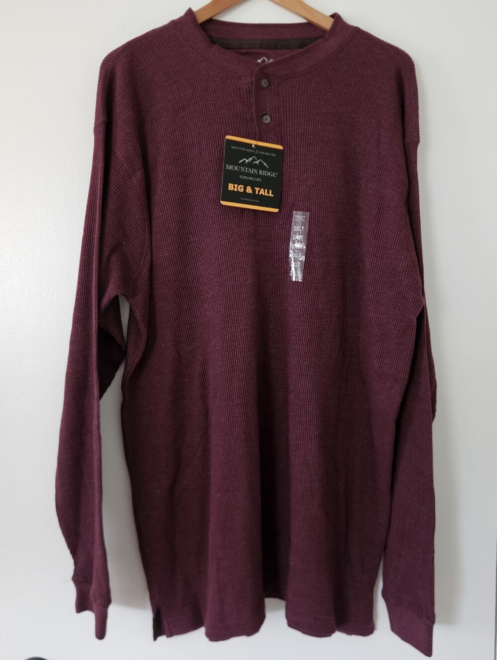 Mountain Ridge Mens Shirt Thermal Henley 2XLT Maroon Preppy Waffle Knit Rugged